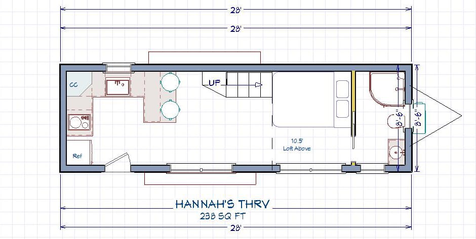 Final floor plan for The Tiny Freedom House, showing a kitchen on the left, living area in the middle, and bathroom on the right