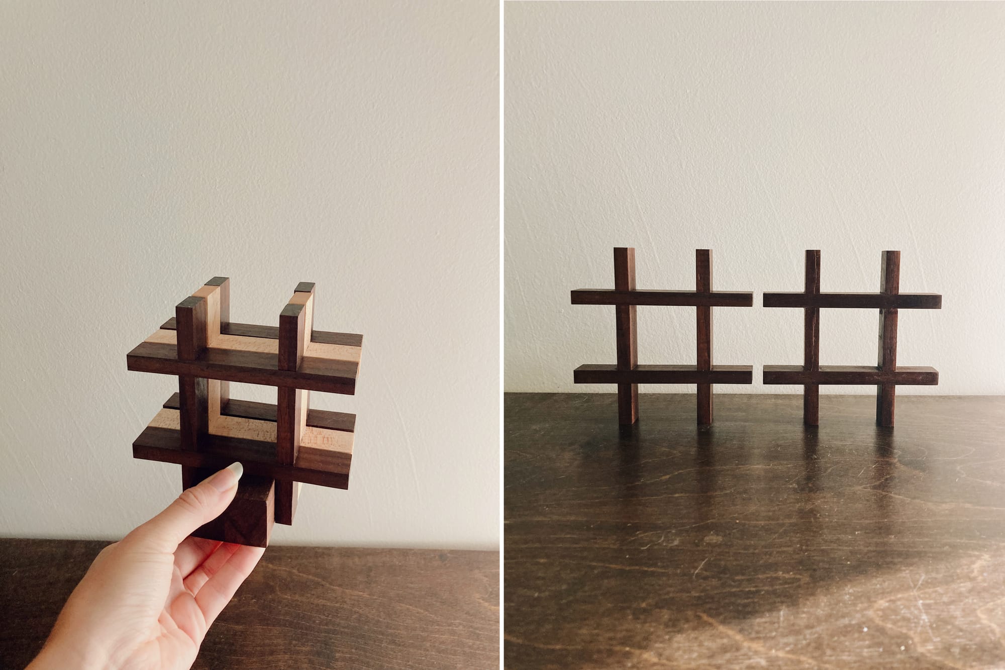 Left image of a hand holding three trivets on a stand. Right image of two trivets standing side by side. Trivets are a small hash/pound shape.